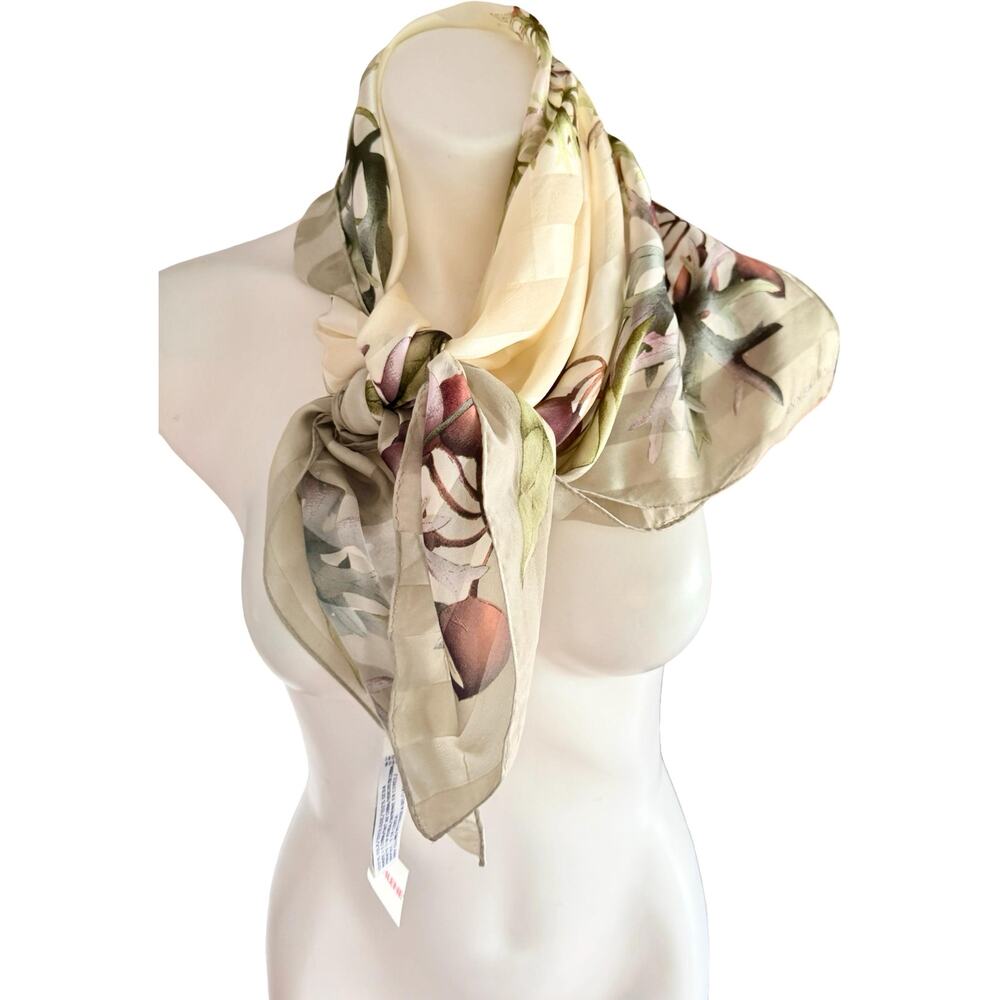 Vintage Anne Klein 1990s Silk Ivory Striped Pomegranate Scarf NWT 34x34 - Picture 5 of 11